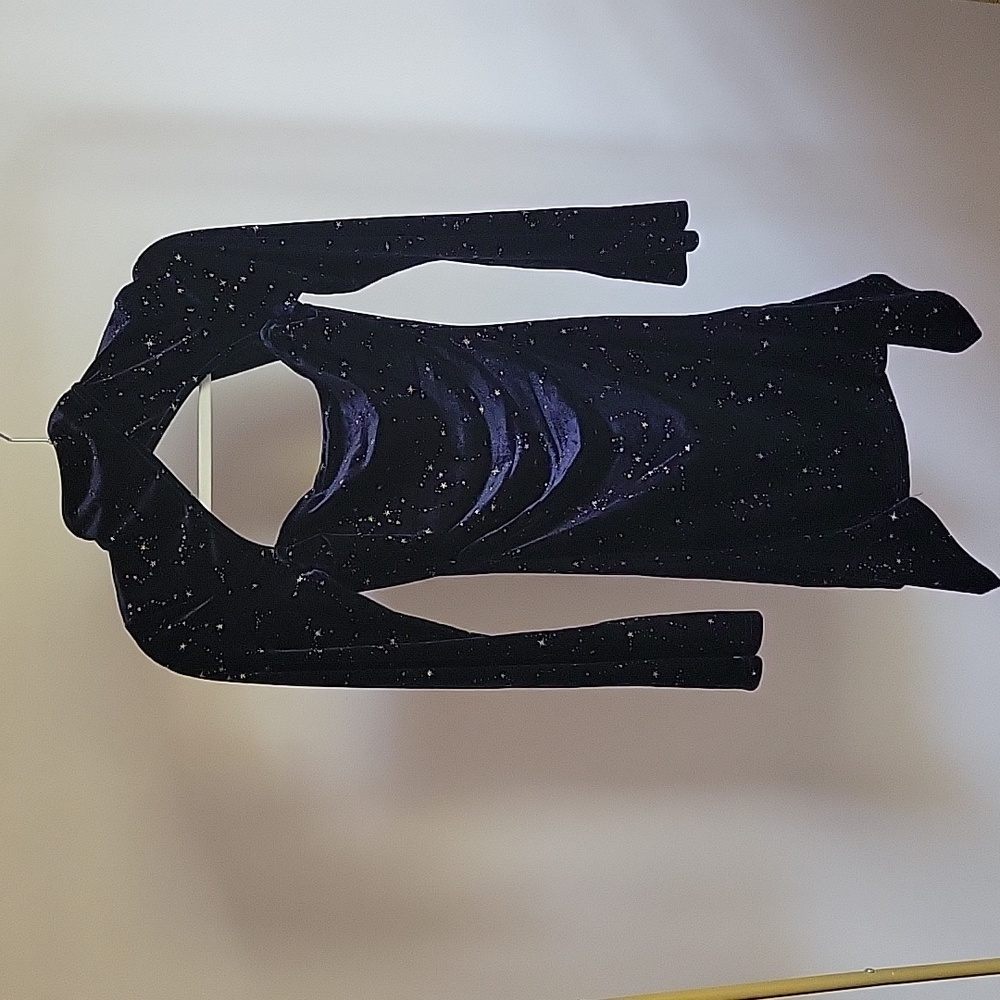 Velvet star pattern bell sleeve dress/blue with gold stars/ size S